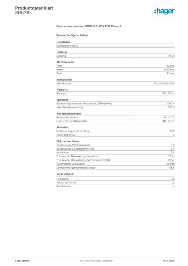 Bild Hager Produktdatenblatt SRS310 | Hager Deutschland