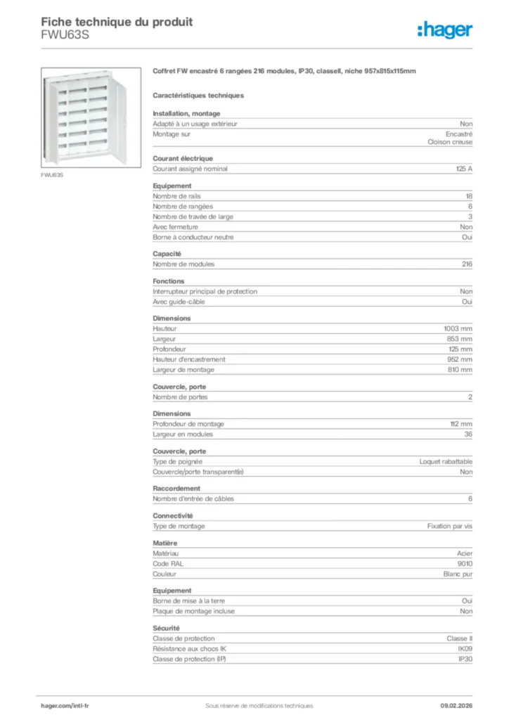 Image Hager Fiche technique du produit FWU63S | Hager Afrique