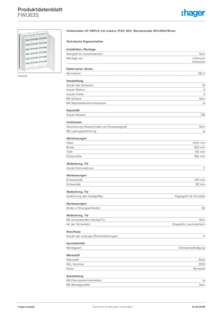 Bild Hager Produktdatenblatt FWU63S | Hager Deutschland