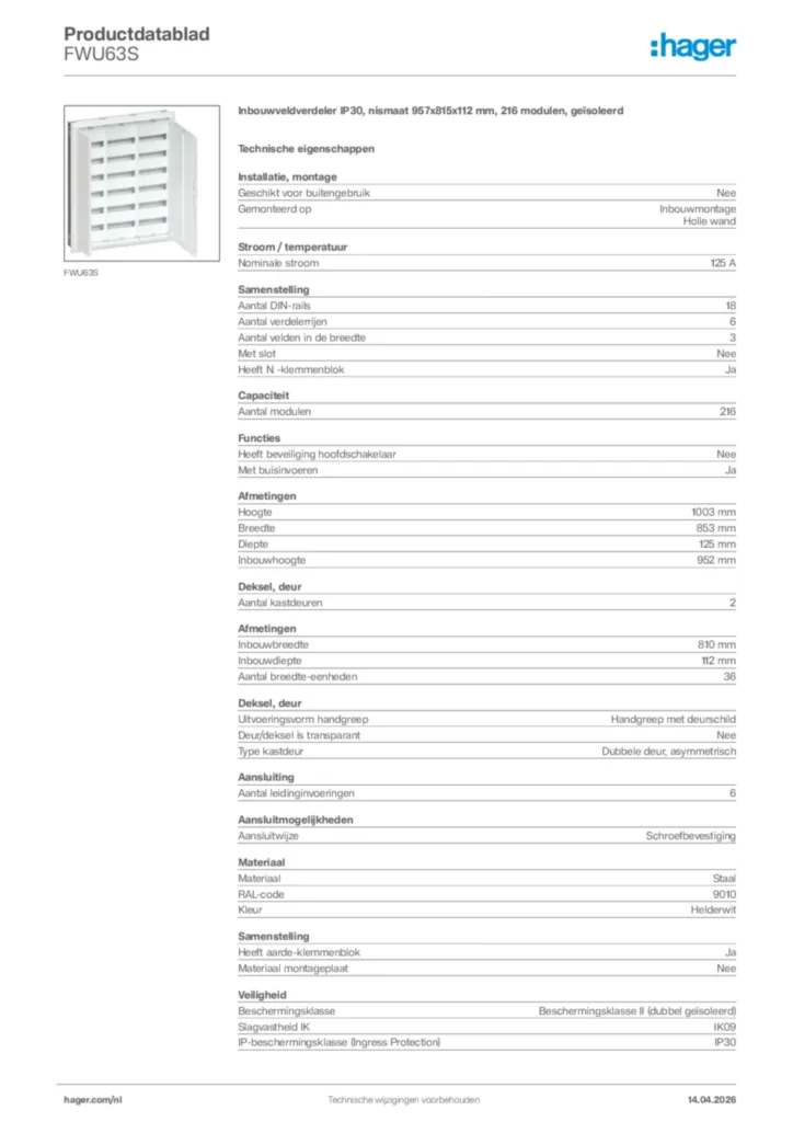 Afbeelding Hager Productdatablad FWU63S | Hager Nederland