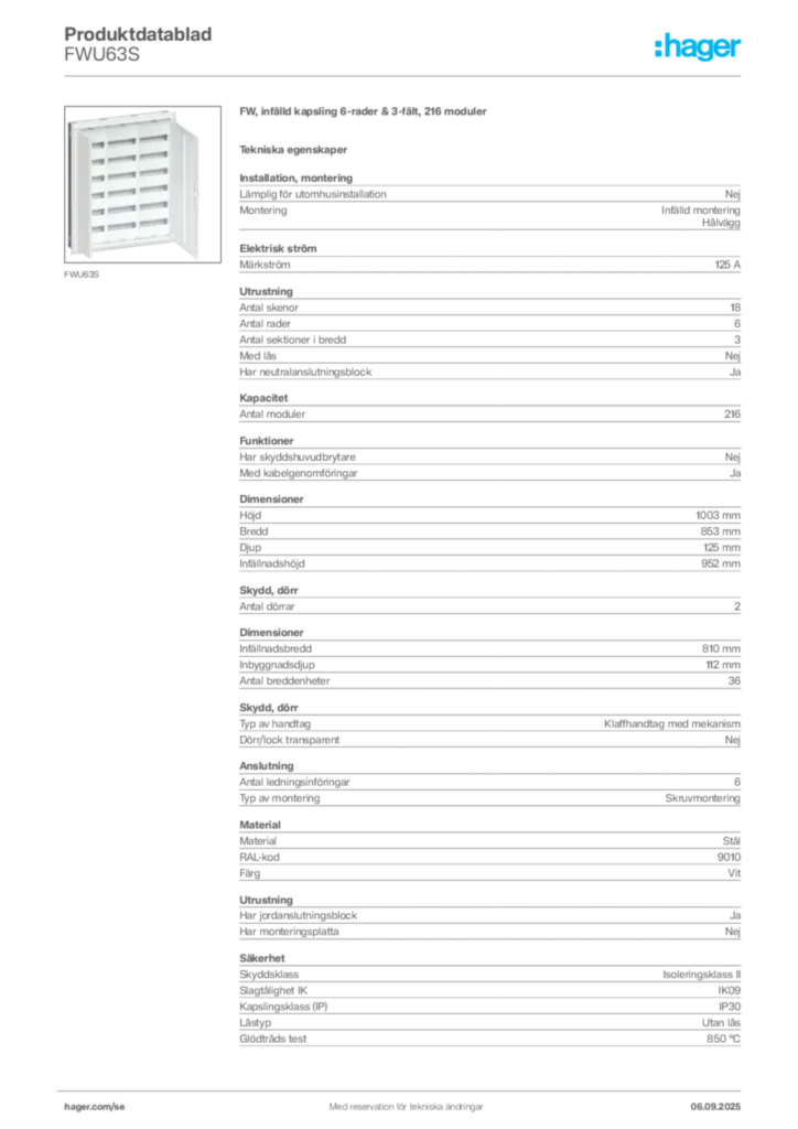 Bild Hager Produktdatablad FWU63S | Hager Sverige