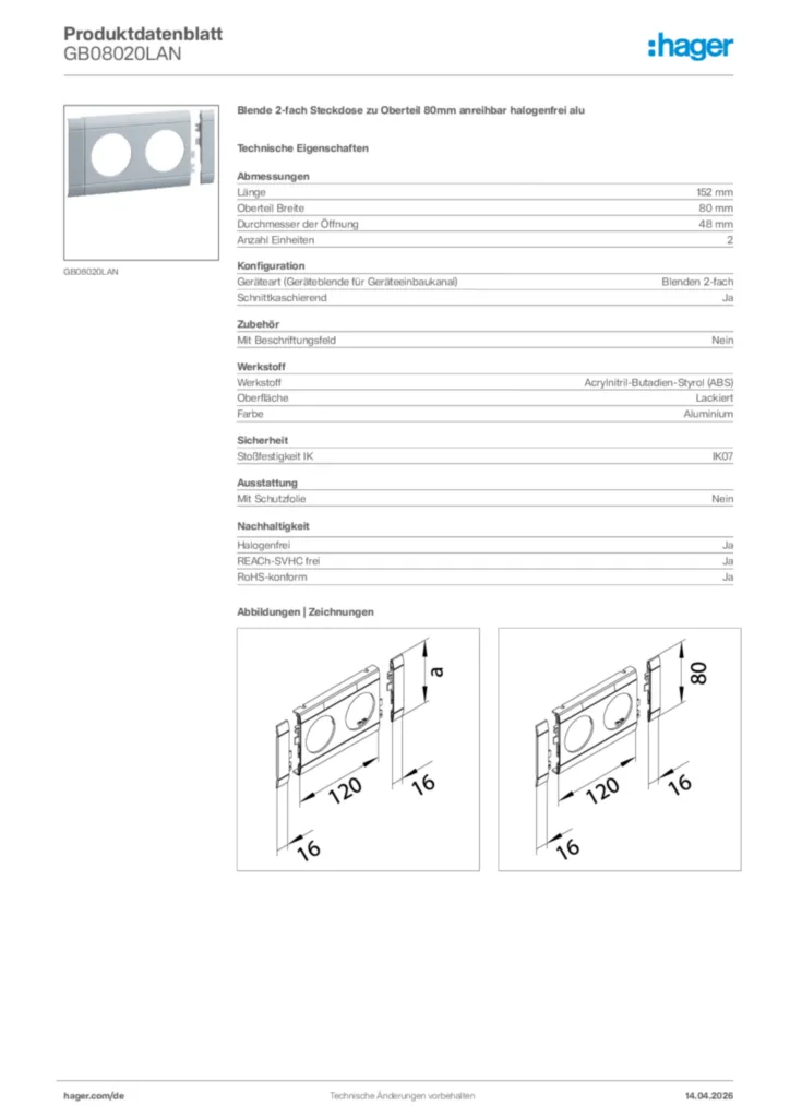 Bild Hager Produktdatenblatt GB08020LAN | Hager Deutschland