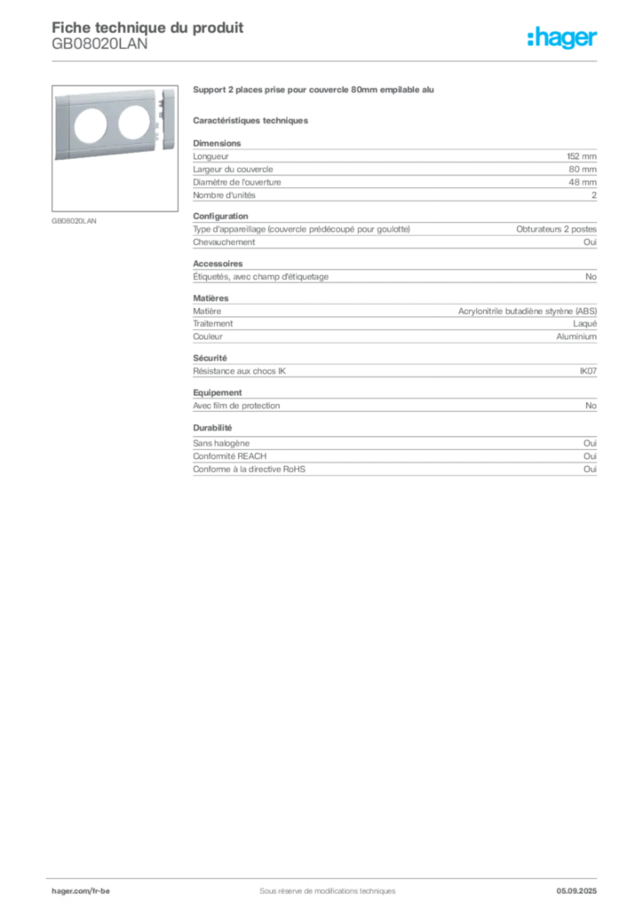 Image Hager Fiche technique du produit GB08020LAN | Hager Belgique
