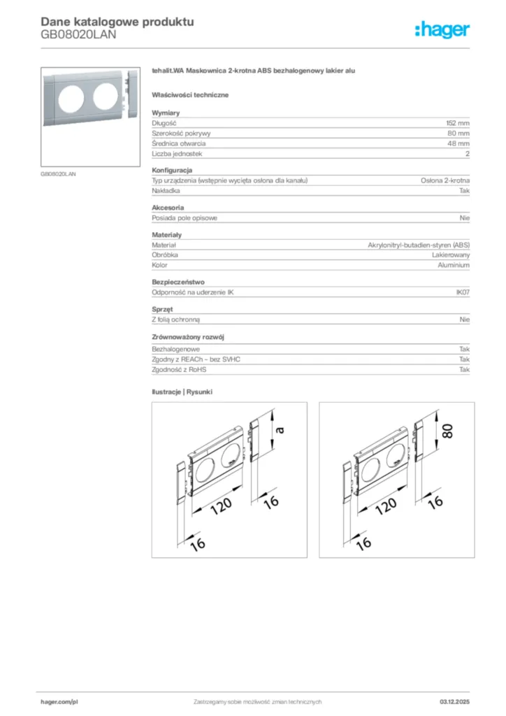 Zdjęcie Hager Dane katalogowe produktu GB08020LAN | Hager Polska