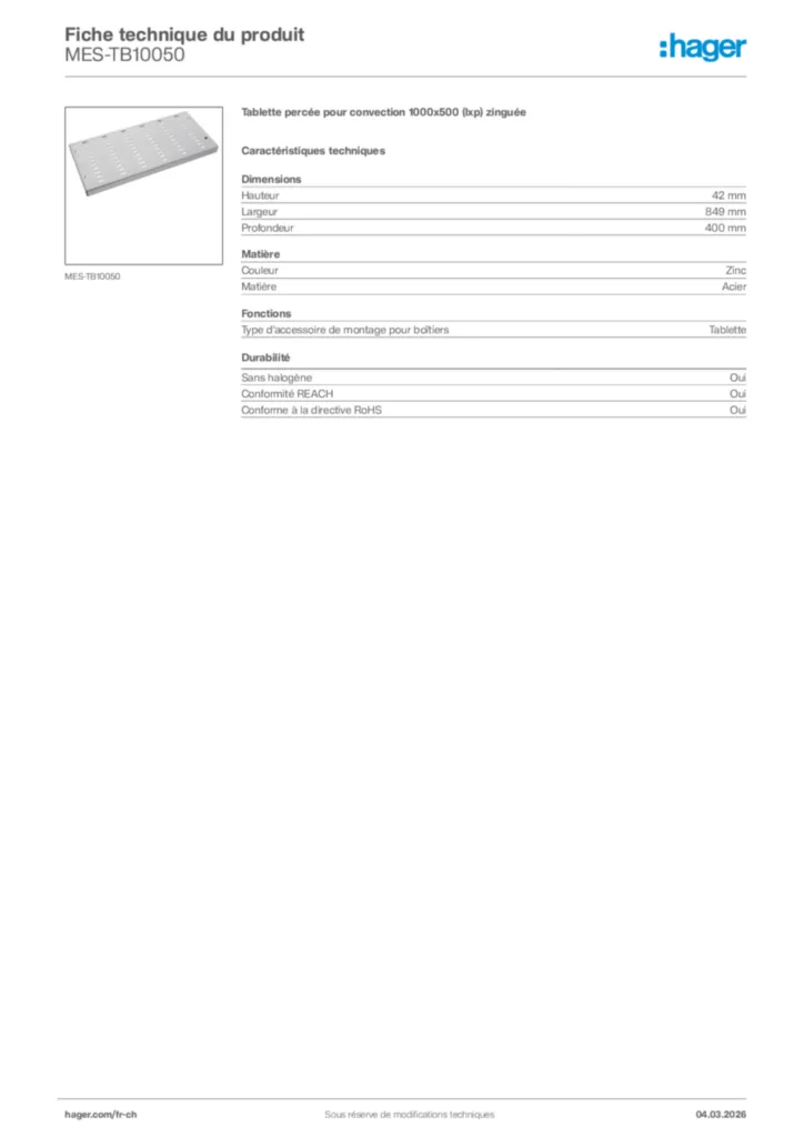 Image Hager Fiche technique du produit MES-TB10050 | Hager Suisse