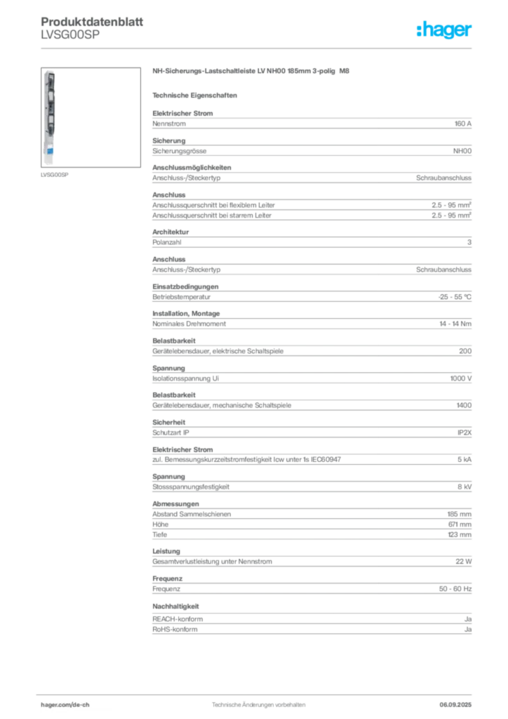 Bild Hager Produktdatenblatt LVSG00SP | Hager Schweiz