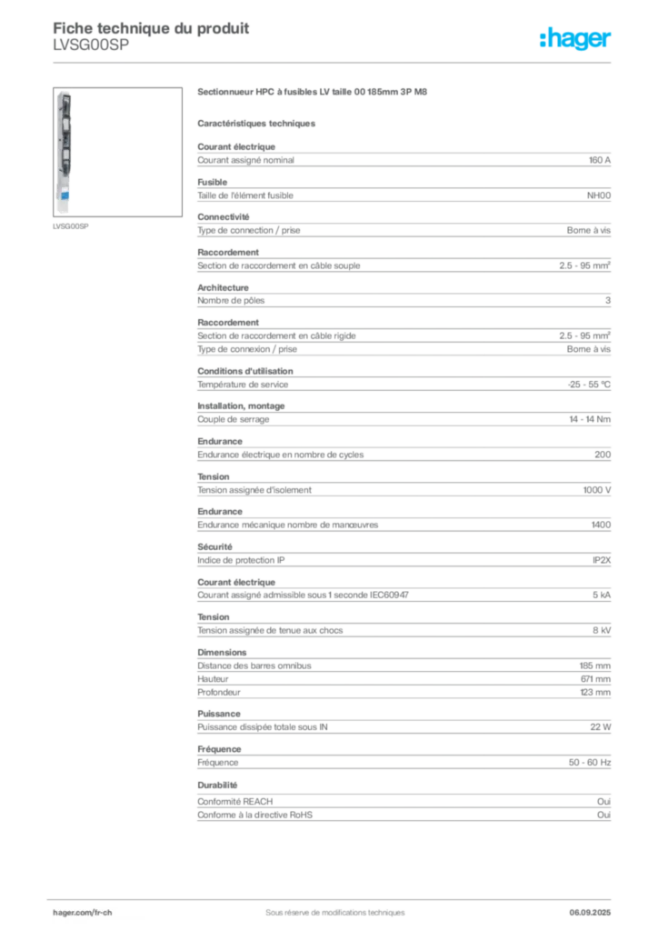 Image Hager Fiche technique du produit LVSG00SP | Hager Suisse