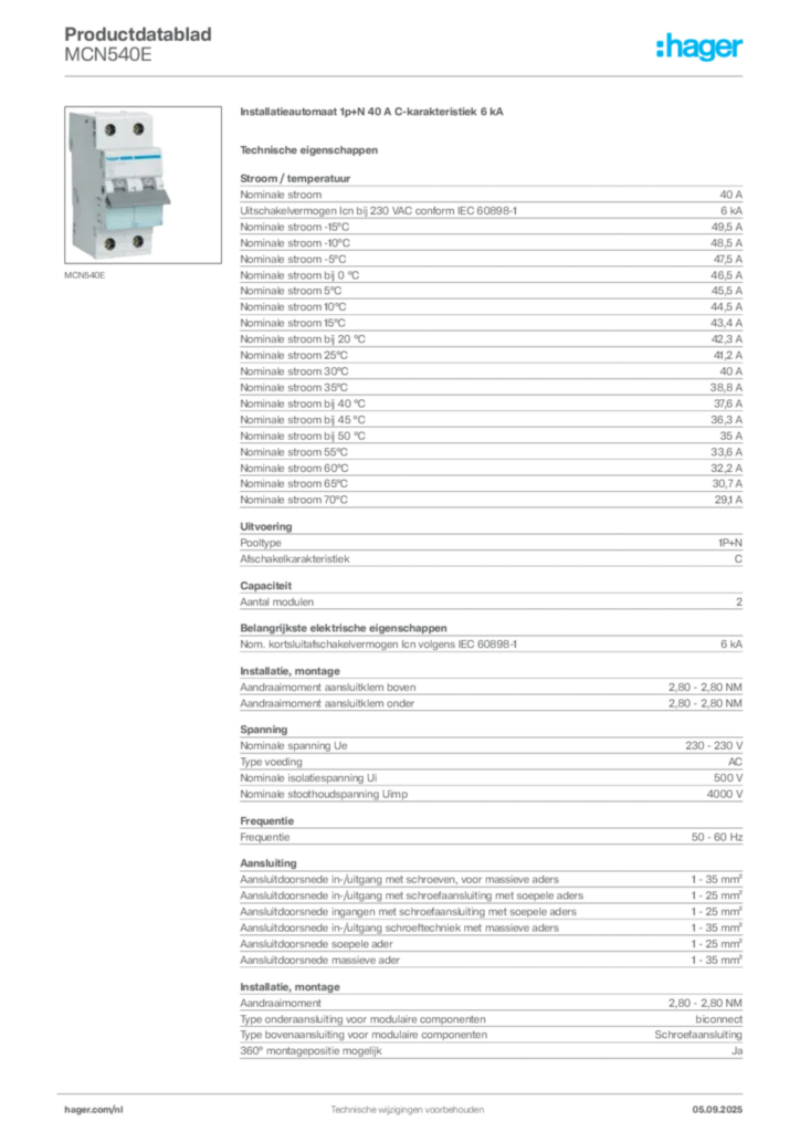 Afbeelding Hager Productdatablad MCN540E | Hager Nederland