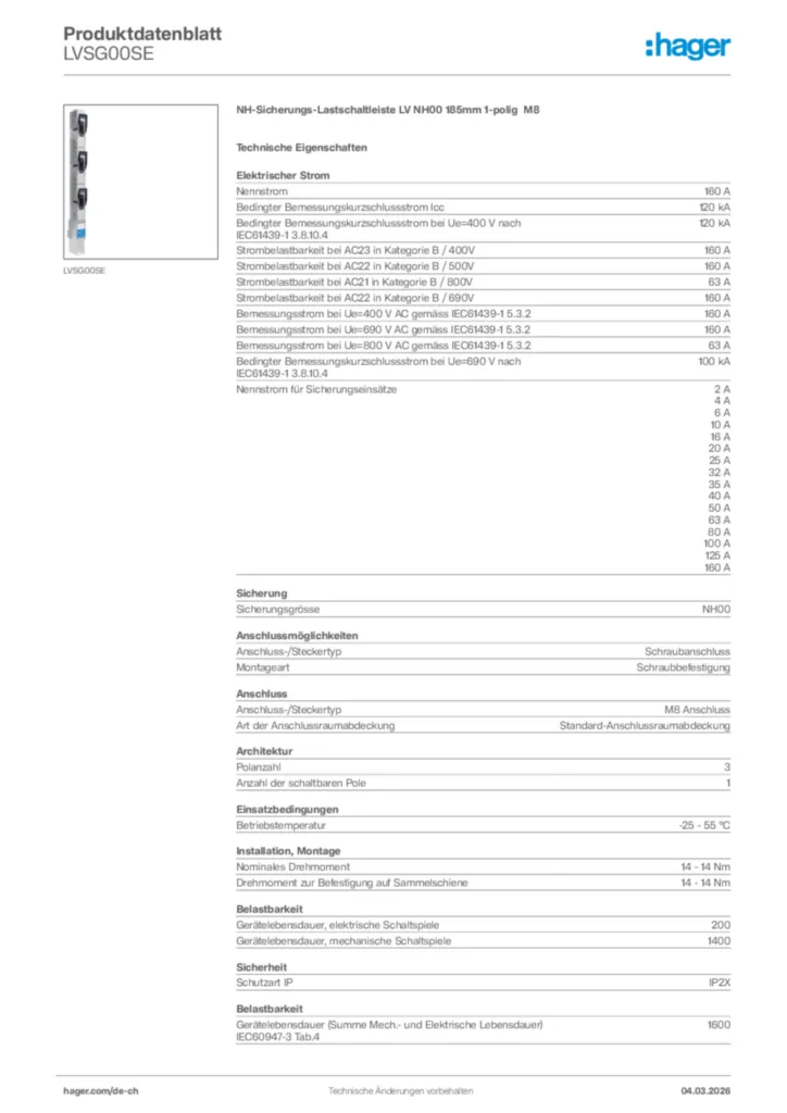 Bild Hager Produktdatenblatt LVSG00SE | Hager Schweiz
