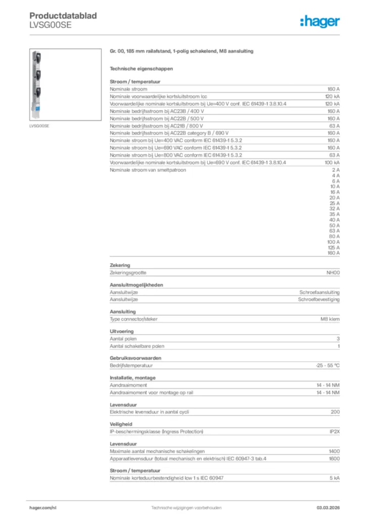 Afbeelding Hager Productdatablad LVSG00SE | Hager Nederland
