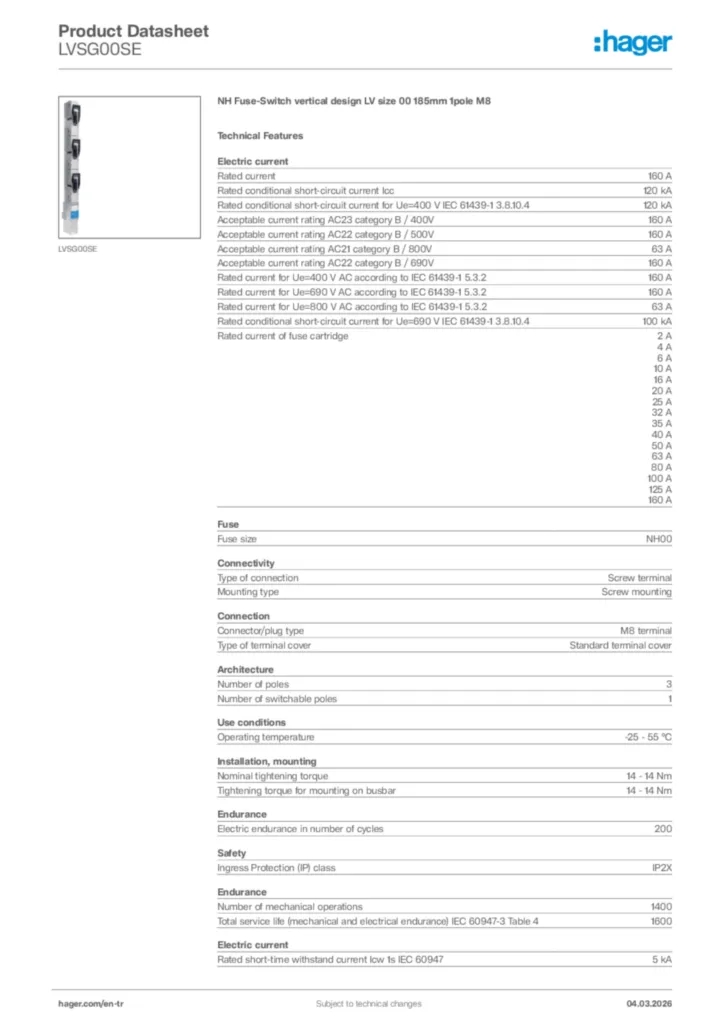 Image Hager Product data sheet LVSG00SE  | Hager