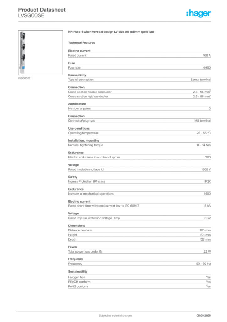 Image Hager Product data sheet LVSG00SE  | Hager