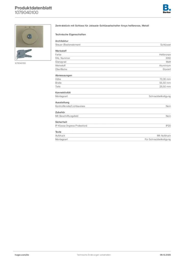 Bild Berker Produktdatenblatt 1079040100 | Hager Deutschland