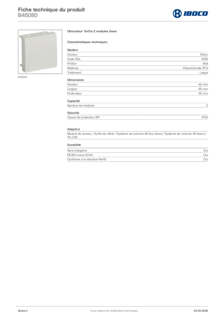 Image Iboco Fiche technique du produit B45080 | Hager France