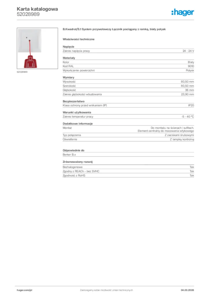 Zdjęcie Hager Karta katalogowa 52028989 | Hager Polska
