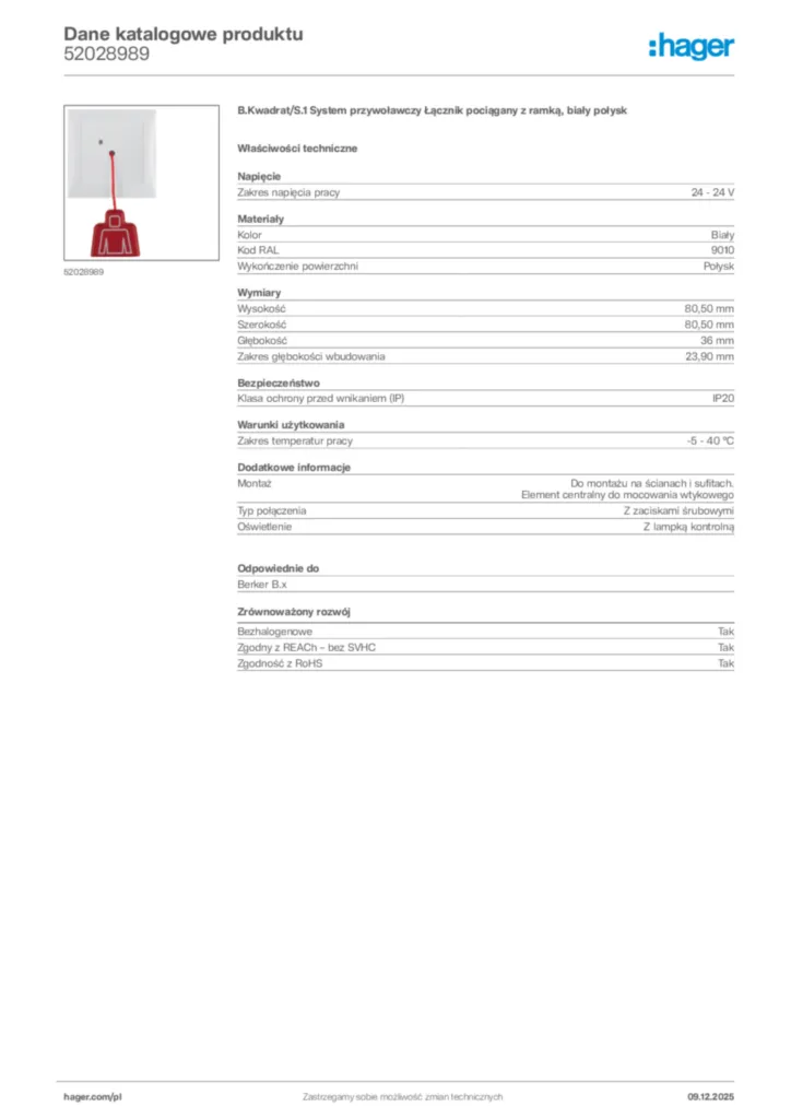 Zdjęcie Hager Karta katalogowa 52028989 | Hager Polska