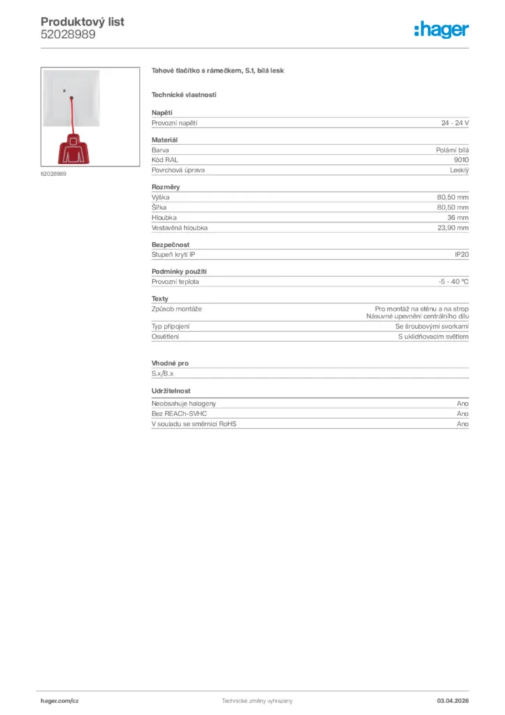 Obrázek Hager Product data sheet 52028989 | Hager