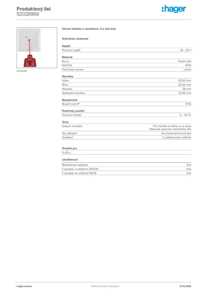 Obrázek Hager Produktový list 52028989 | Hager