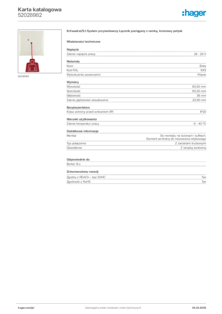 Zdjęcie Hager Karta katalogowa 52028982 | Hager Polska