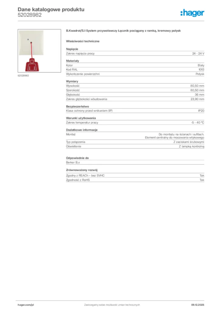 Zdjęcie Hager Karta katalogowa 52028982 | Hager Polska