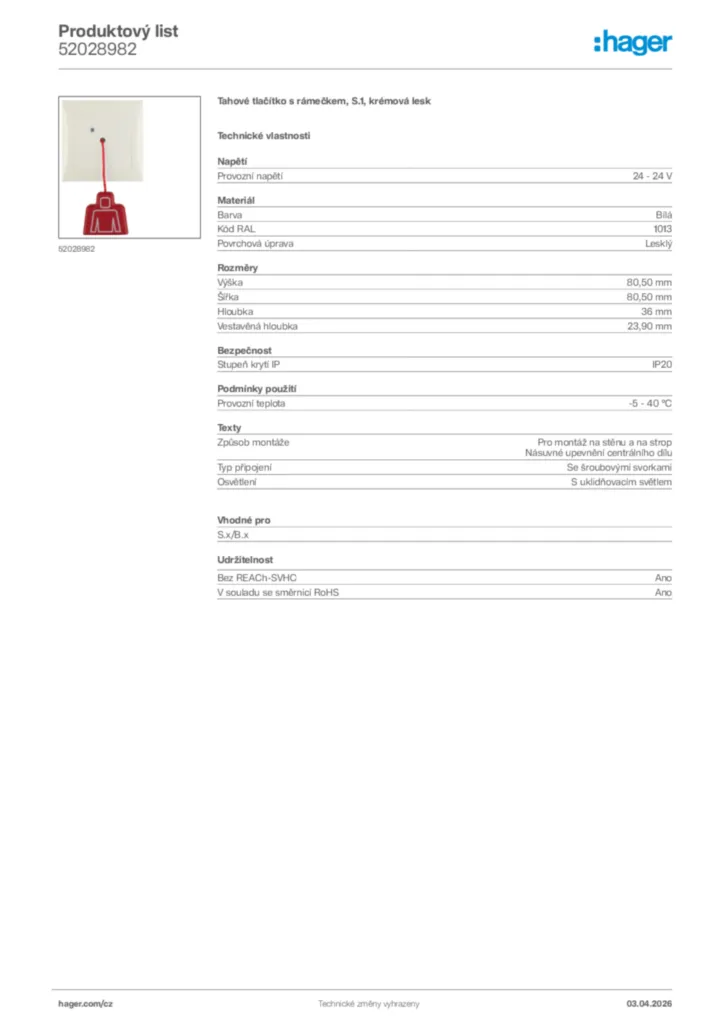 Obrázek Hager Product data sheet 52028982 | Hager
