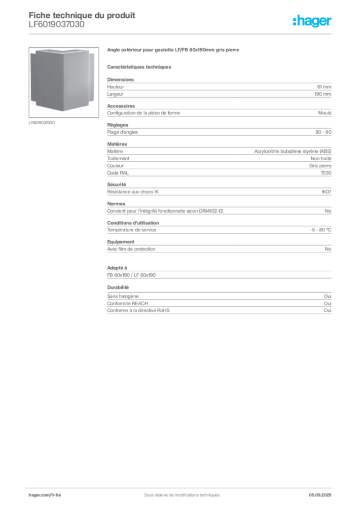 Image Hager Fiche technique du produit LF6019037030 | Hager Belgique