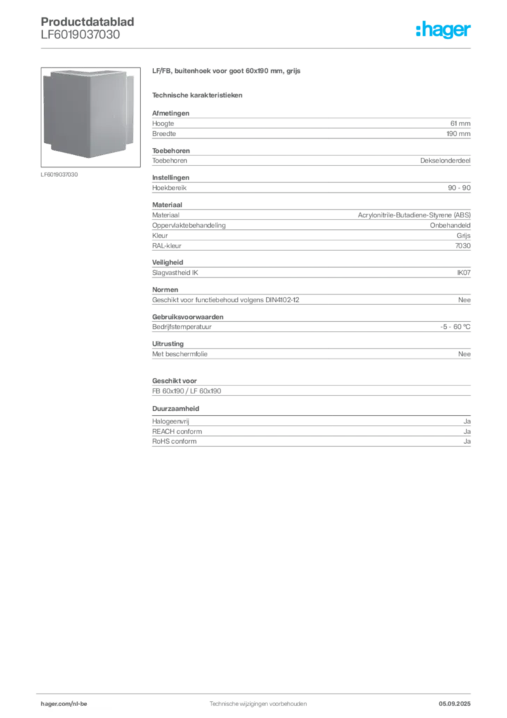 Afbeelding Hager Productdatablad LF6019037030 | Hager Belgium