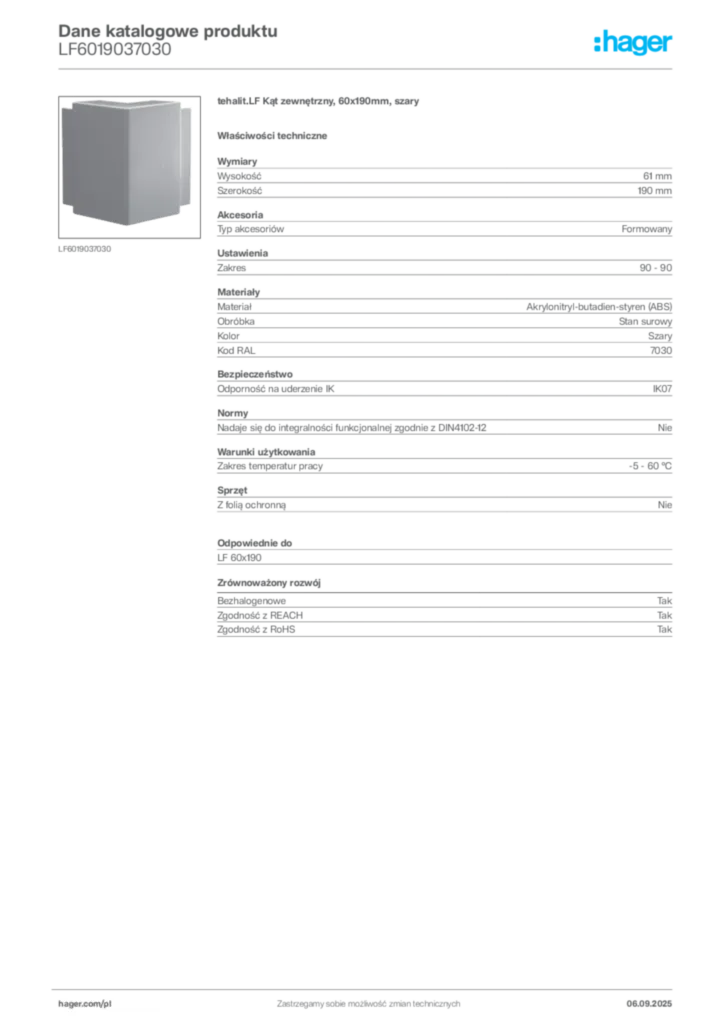 Zdjęcie Hager Dane katalogowe produktu LF6019037030 | Hager Polska