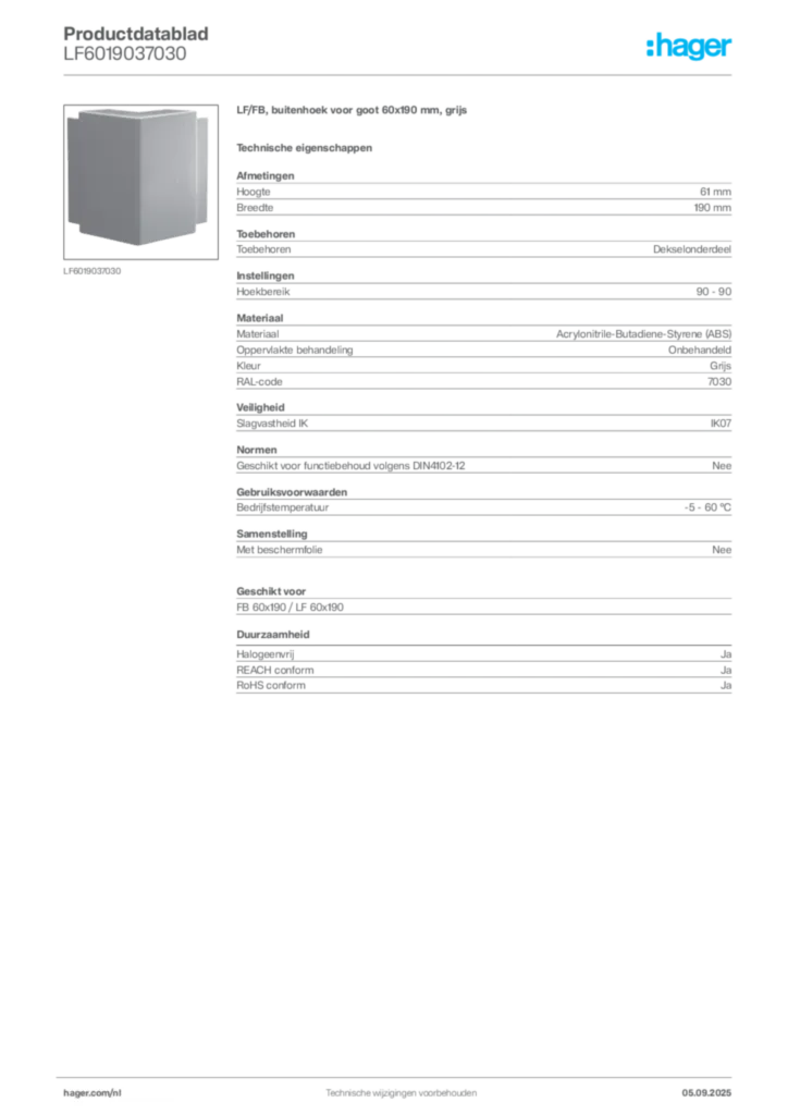 Afbeelding Hager Productdatablad LF6019037030 | Hager Nederland