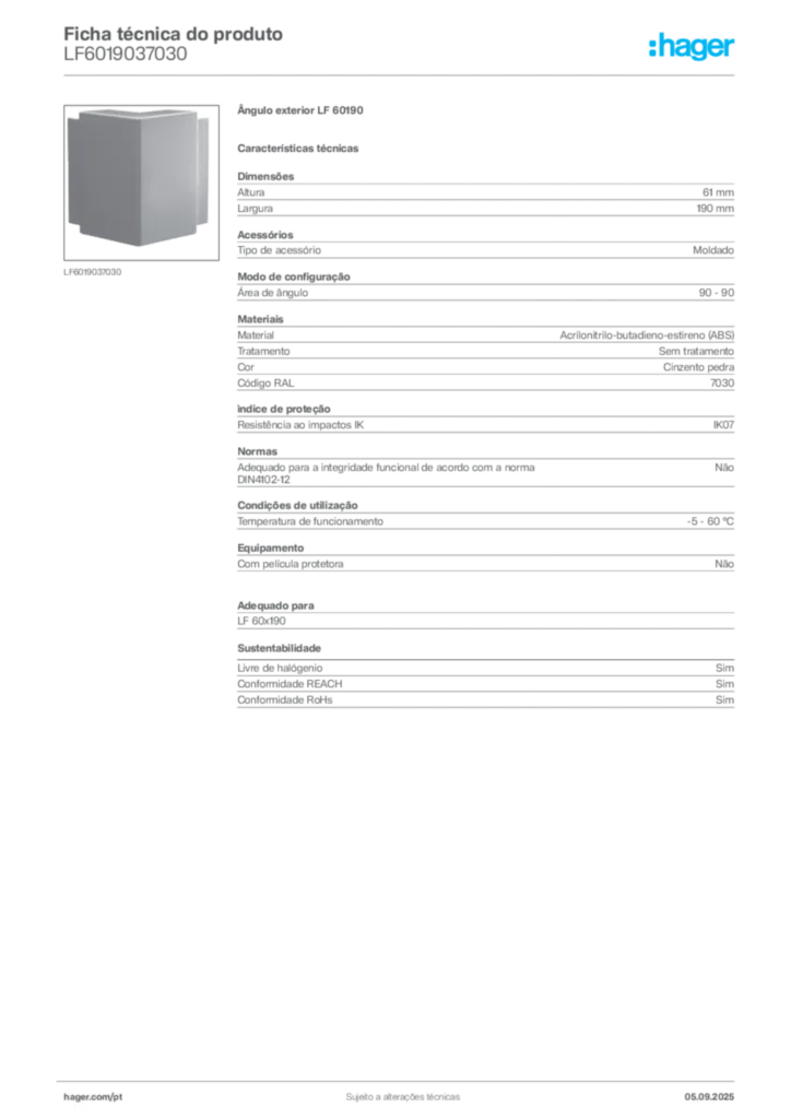 Imagem Hager Ficha técnica do produto LF6019037030 | Hager Portugal