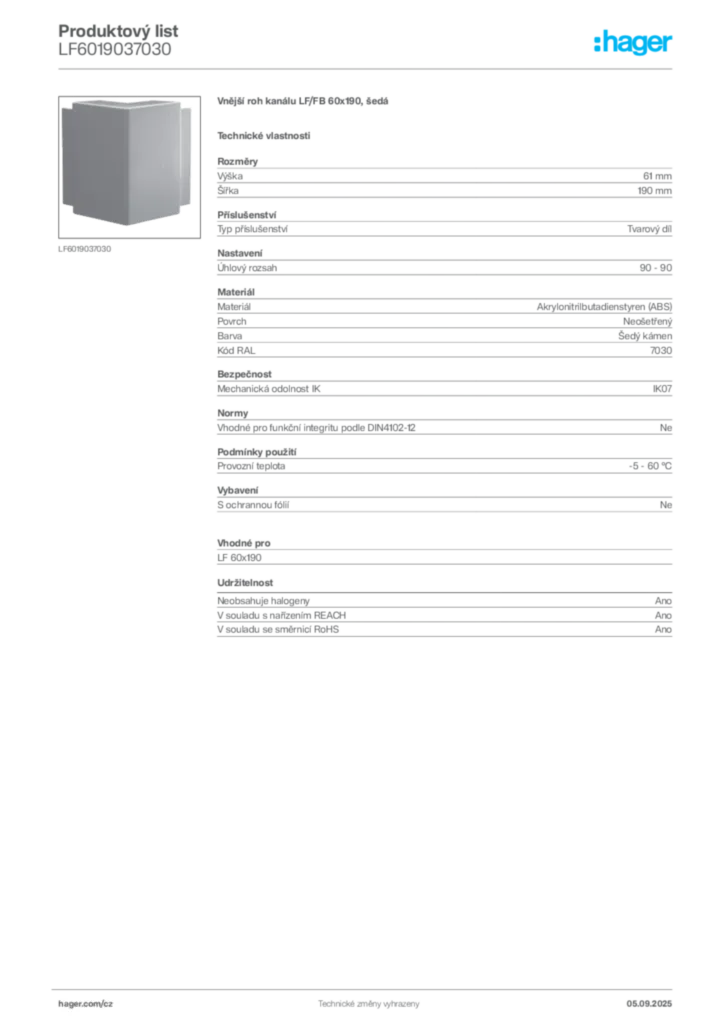 Obrázek Hager Produktový list LF6019037030 | Hager