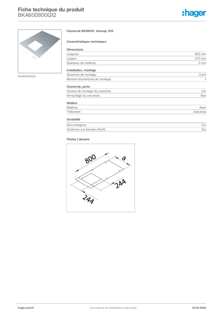 Image Hager Fiche technique du produit BKA600800Q12 | Hager France