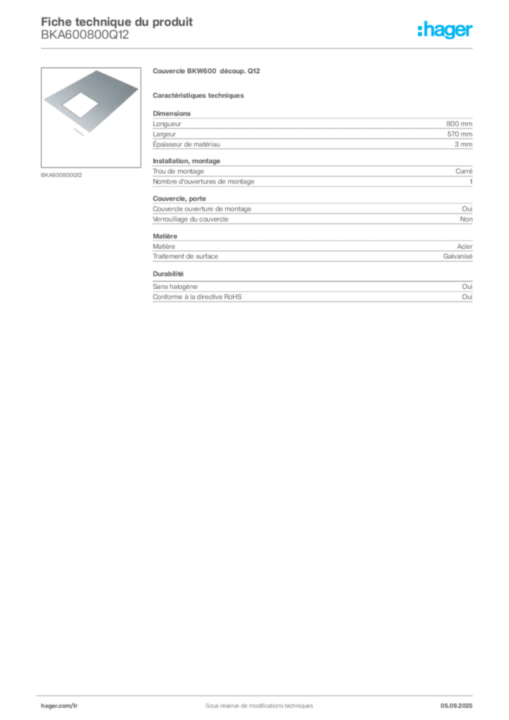 Image Hager Fiche technique du produit BKA600800Q12 | Hager France