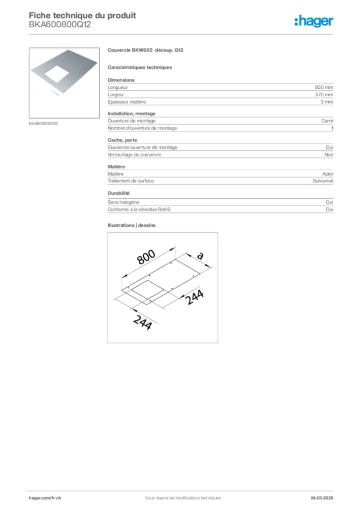 Image Hager Fiche technique du produit BKA600800Q12 | Hager Suisse