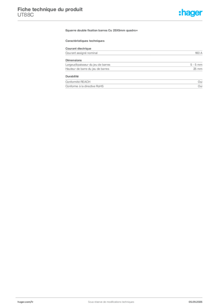 Image Hager Fiche technique du produit UT88C | Hager France