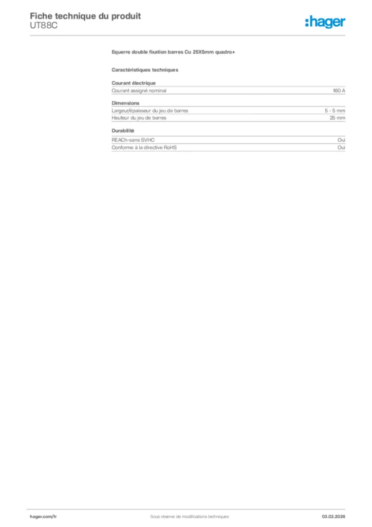 Image Hager Fiche technique du produit UT88C | Hager France