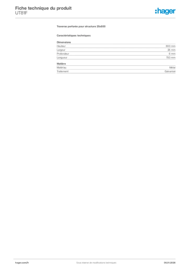 Image Hager Fiche technique du produit UT81F | Hager France