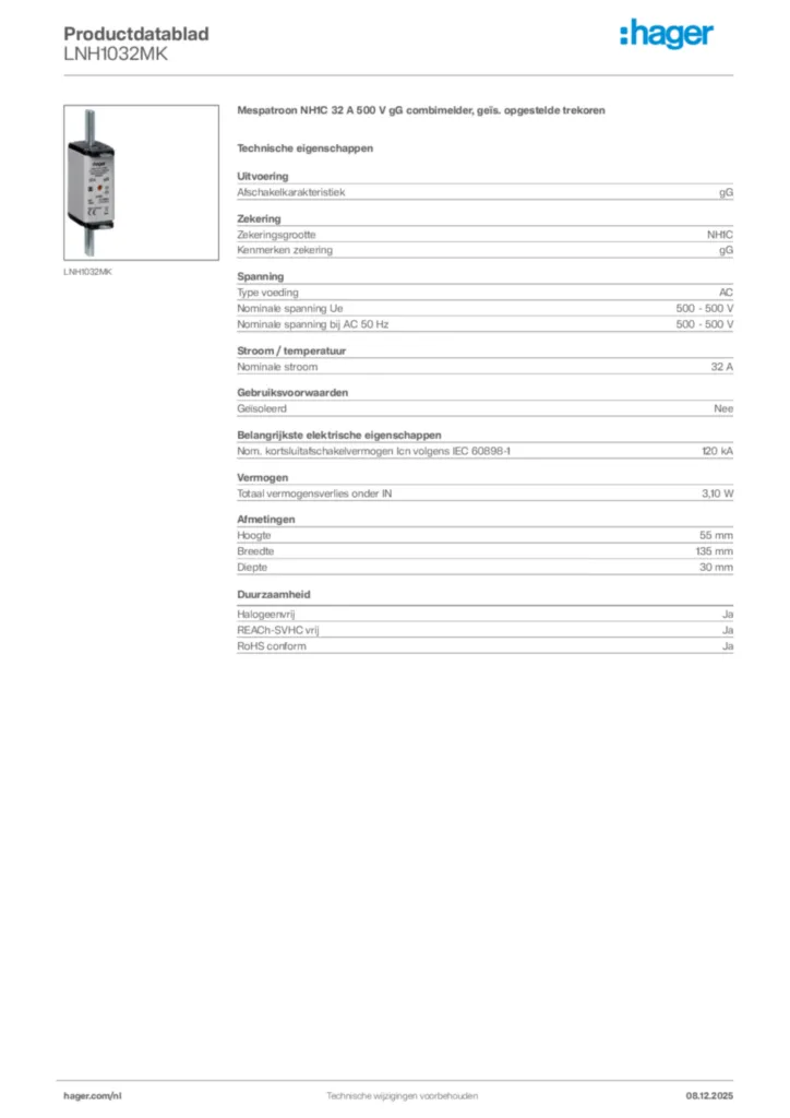 Afbeelding Hager Productdatablad LNH1032MK | Hager Nederland