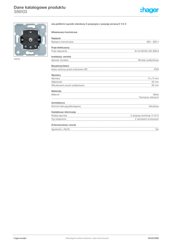 Zdjęcie Hager Dane katalogowe produktu 386103 | Hager Polska