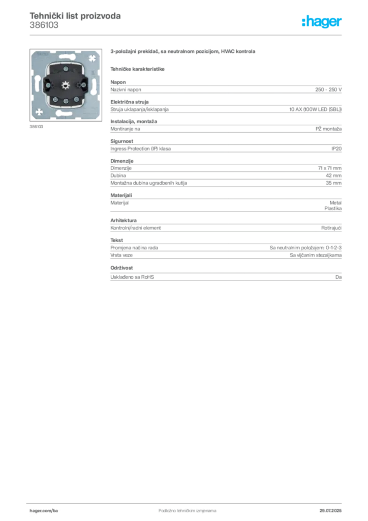 Slika Hager Product data sheet 386103  | Hager