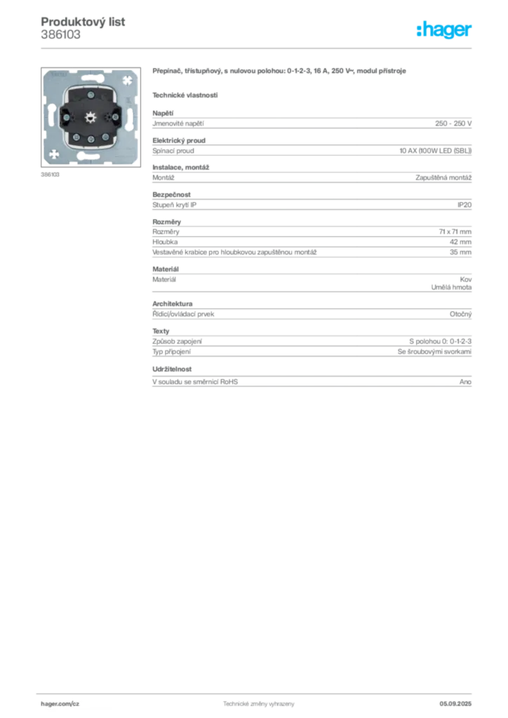 Obrázek Hager Produktový list 386103 | Hager