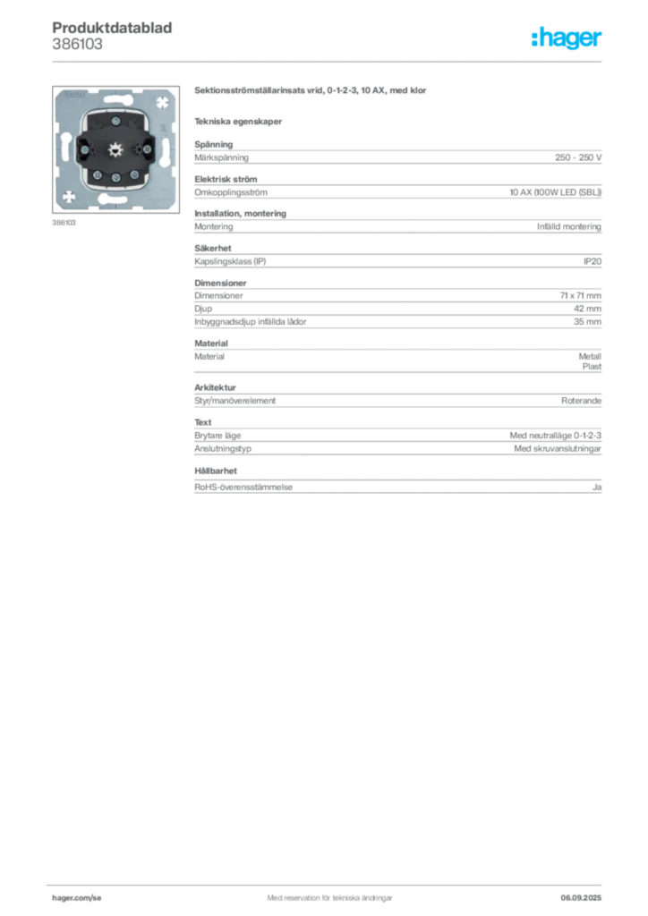 Bild Hager Produktdatablad 386103 | Hager Sverige
