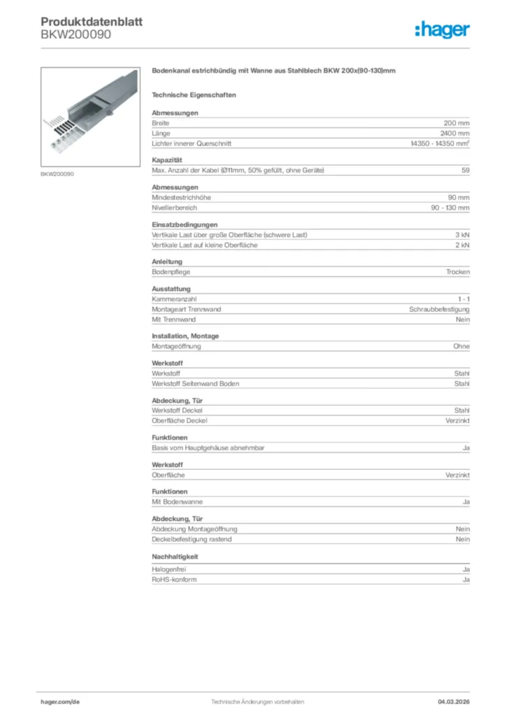 Bild Hager Produktdatenblatt BKW200090 | Hager Deutschland