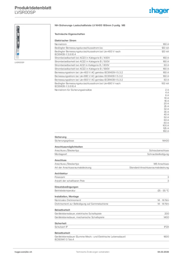 Bild Hager Produktdatenblatt LVSR00SP | Hager Schweiz