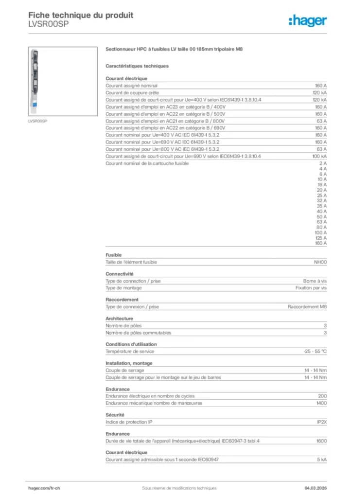 Image Hager Fiche technique du produit LVSR00SP | Hager Suisse