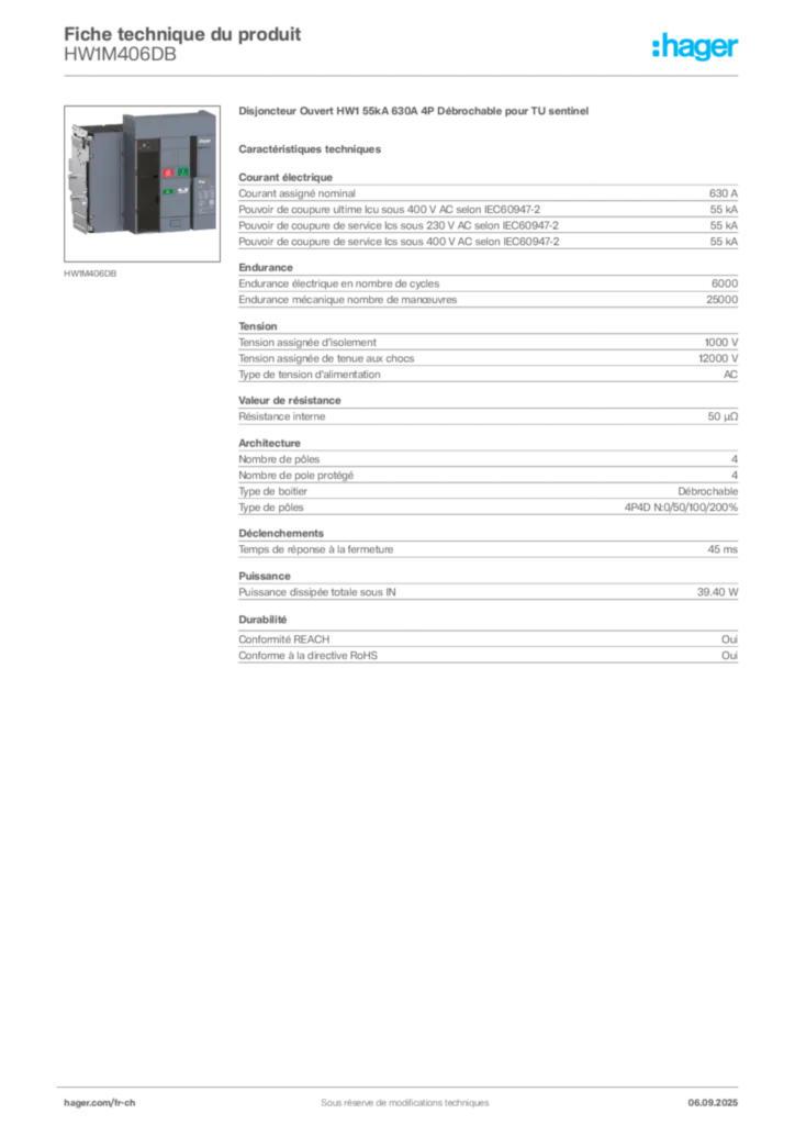Image Hager Fiche technique du produit HW1M406DB | Hager Suisse