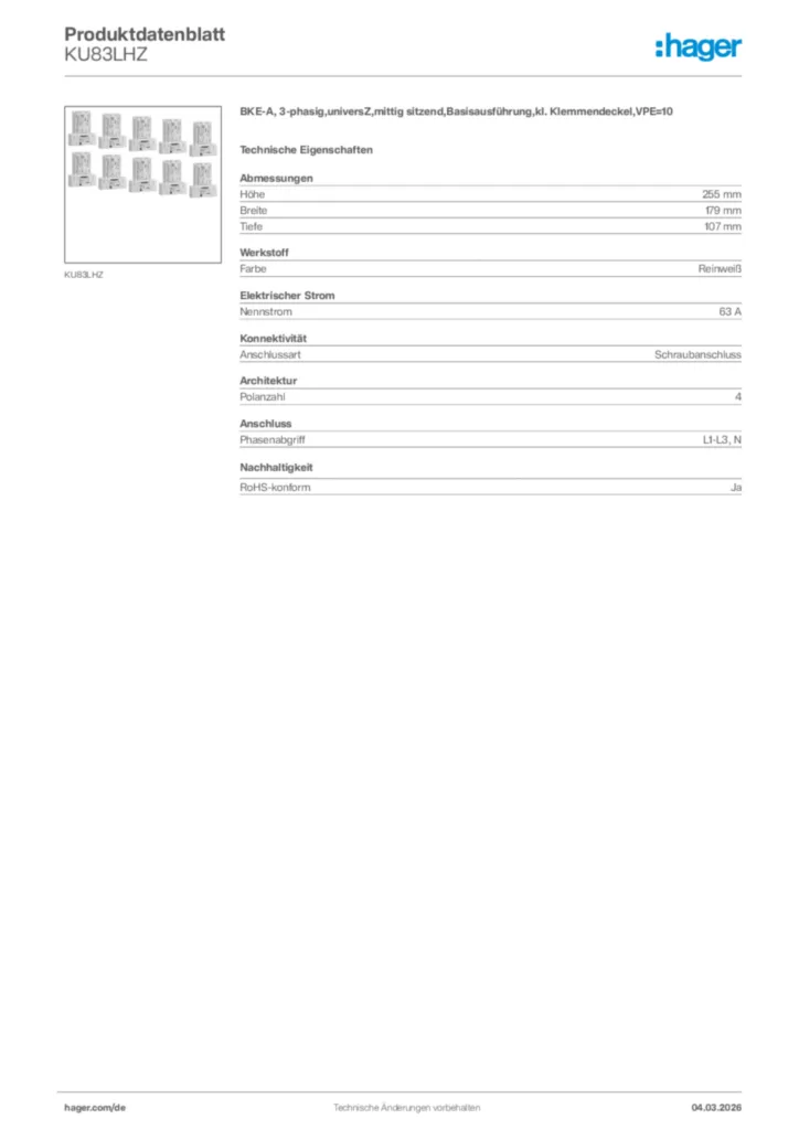 Bild Hager Produktdatenblatt KU83LHZ | Hager Deutschland