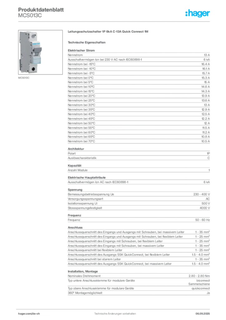 Bild Hager Produktdatenblatt MCS013C | Hager Schweiz