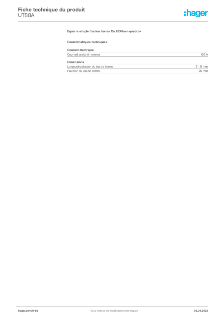 Image Hager Fiche technique du produit UT88A | Hager Belgique