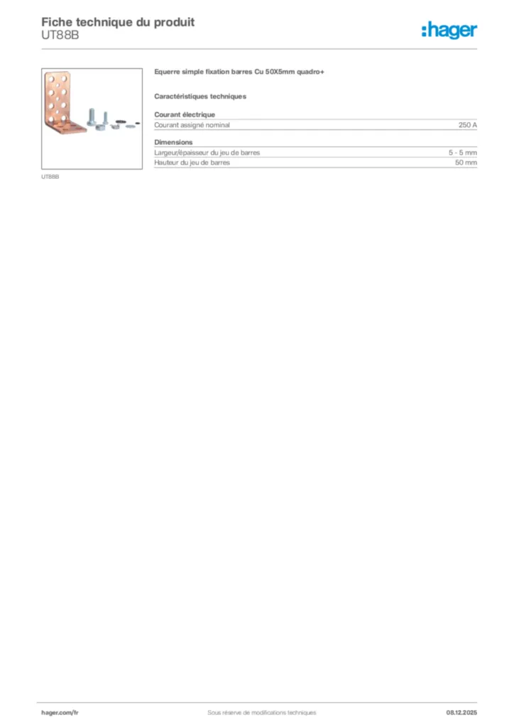 Image Hager Fiche technique du produit UT88B | Hager France